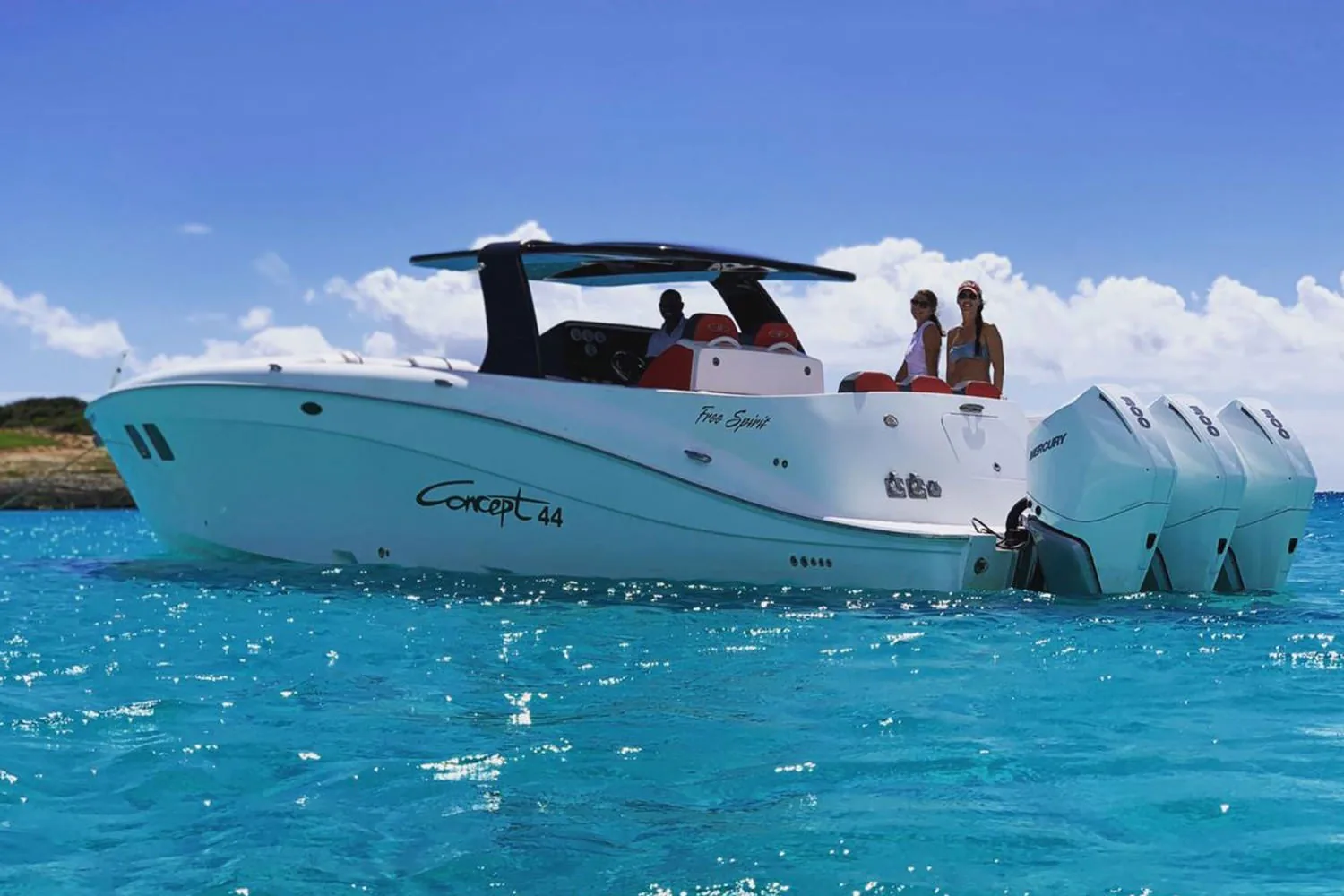 Concept 44 stern view with triple Mercury V8 outboards