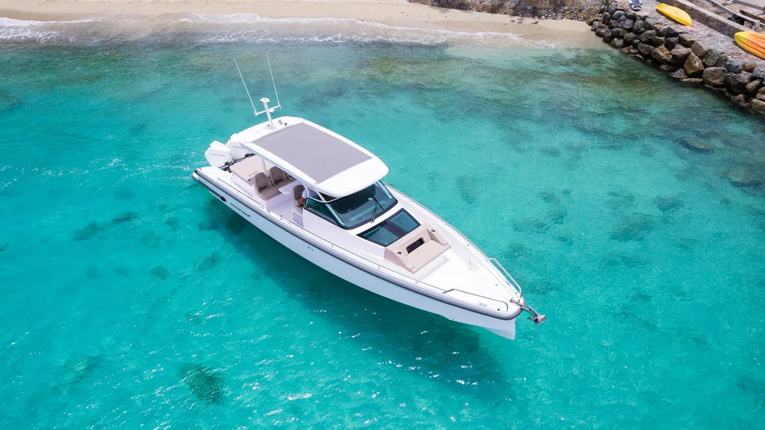 Axopar Sun Top 37 aerial view showing the open deck