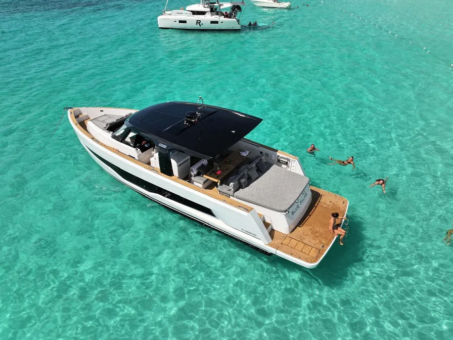 Fjord 53 day yacht aerial at anchor
