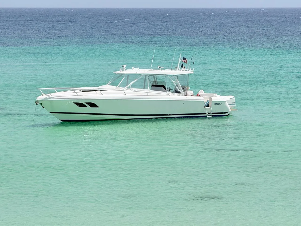 Intrepid 44 sport walkaround at anchor in turquoise water