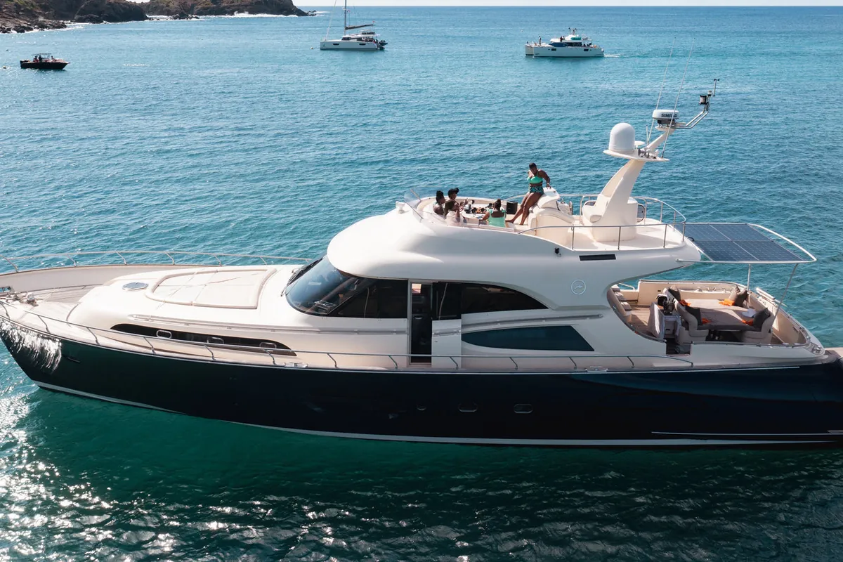 Mochi 74 flybridge motor yacht at anchor off St Barth